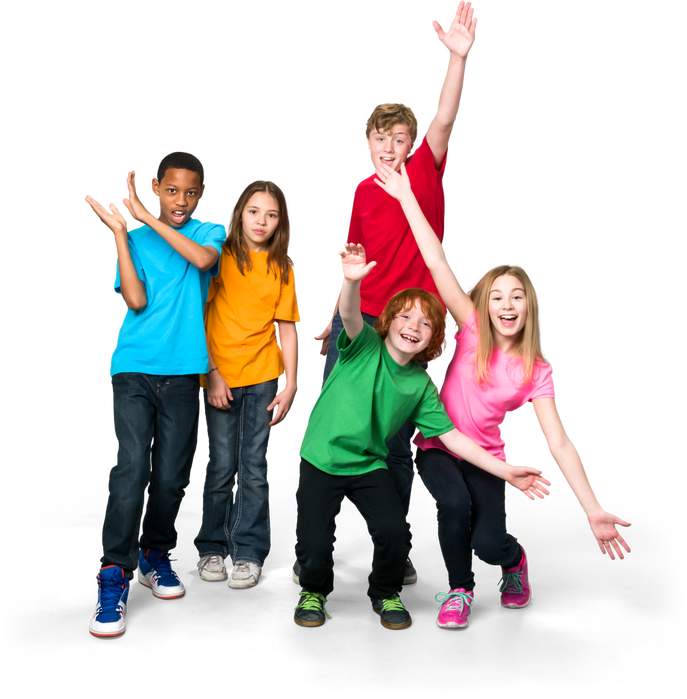 Group of young people looking jubilant with their arms outstretched